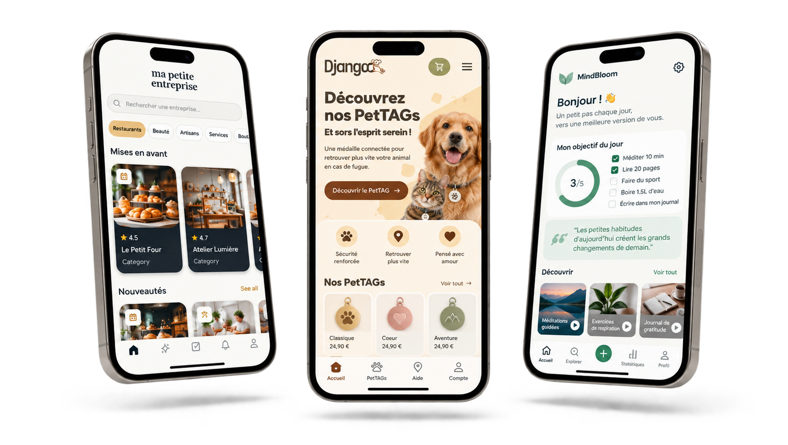 Trois écrans d'applications mobiles développées sur-mesure